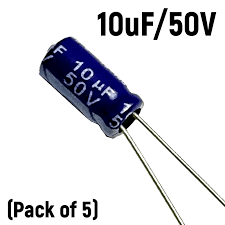 10µF capacitor (50V). Common electrolytic for power supply decoupling.