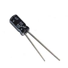 10µF capacitor (50V). Common electrolytic for power supply decoupling.